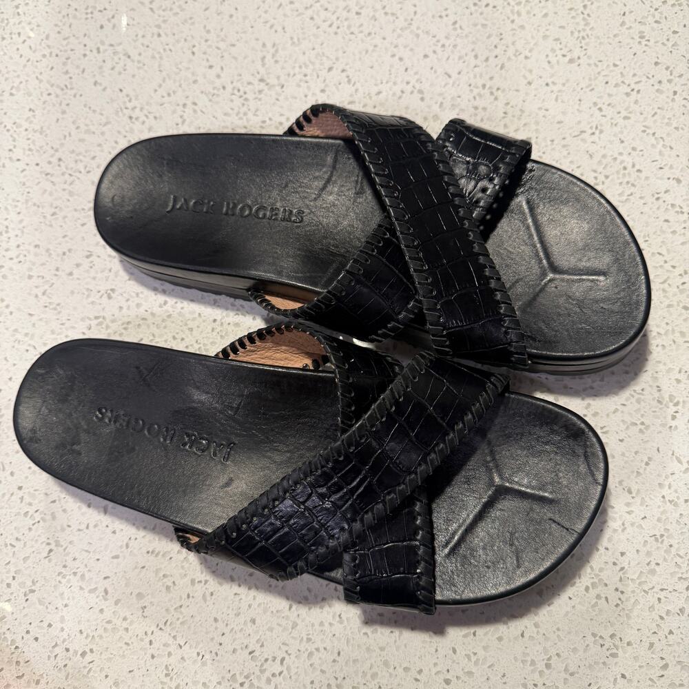 Jack Rogers Black Croc Embossed Leather Slide Sandals Women 9.5 Old Money Resort